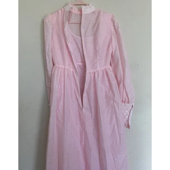 Vintage 70s Handmade Maxi Dress Baby Pink Lace Cottagecore Puff S M High Neck
